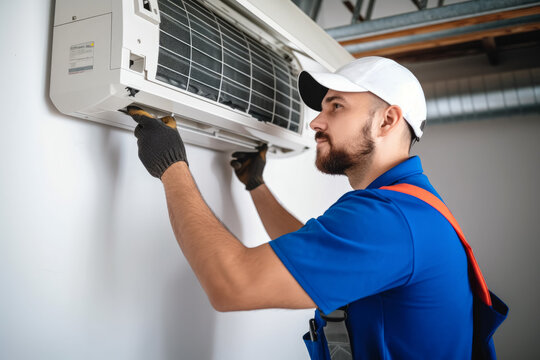 HVAC technician installing a mini split air conditioner in Monrovia