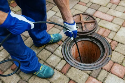 Plumber cleaning an outdoor sewer drain in Monrovia
