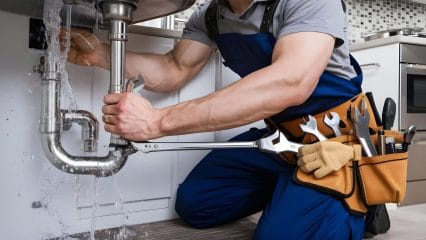 Plumber repairing pipes beneath a sink in Monrovia